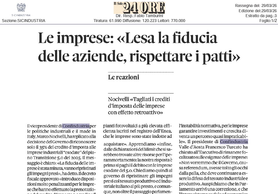 Le imprese: lesa la fiducia delle aziende. Rispettare i patti - 29/03/2026